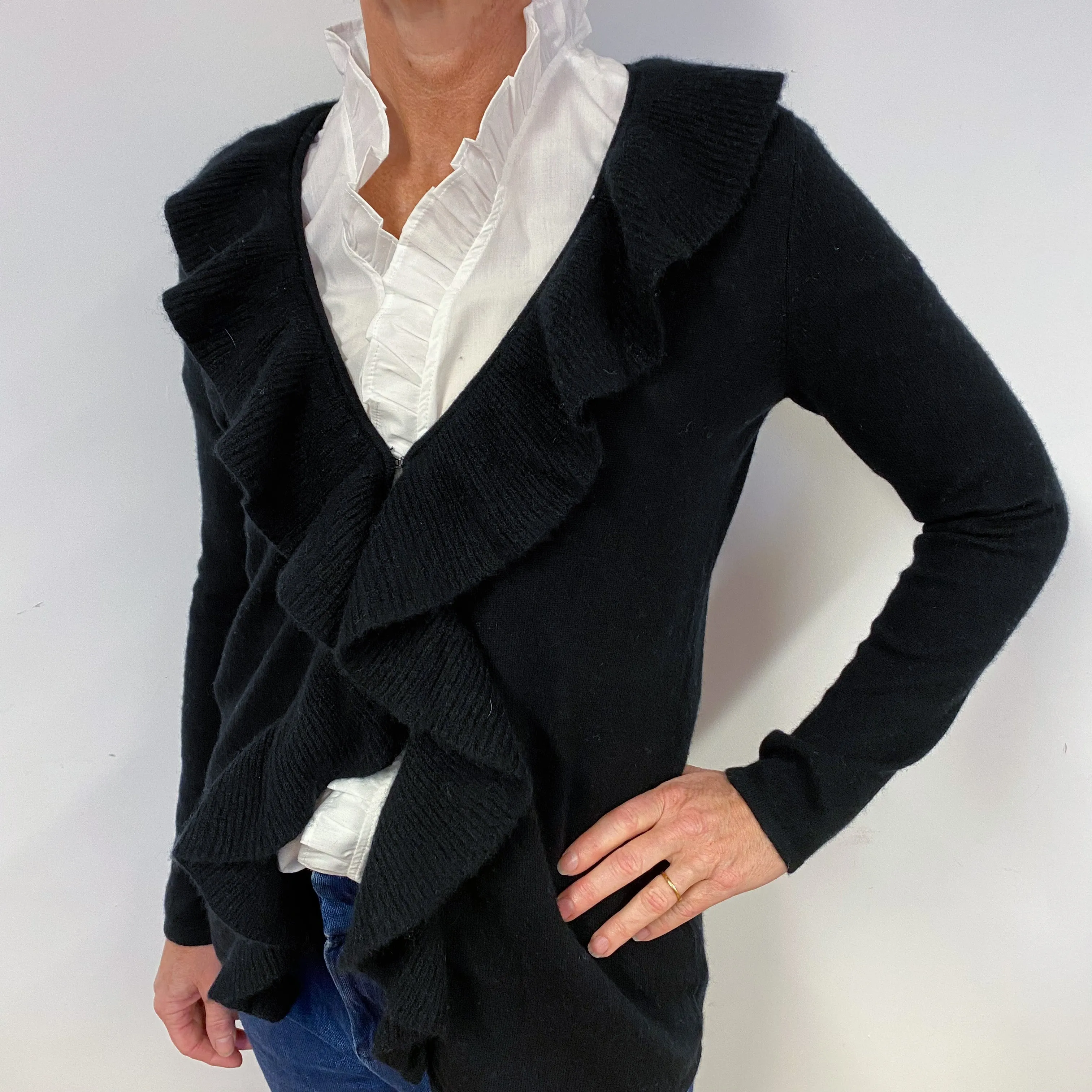 Black Cashmere Frill Trim Cardigan Medium