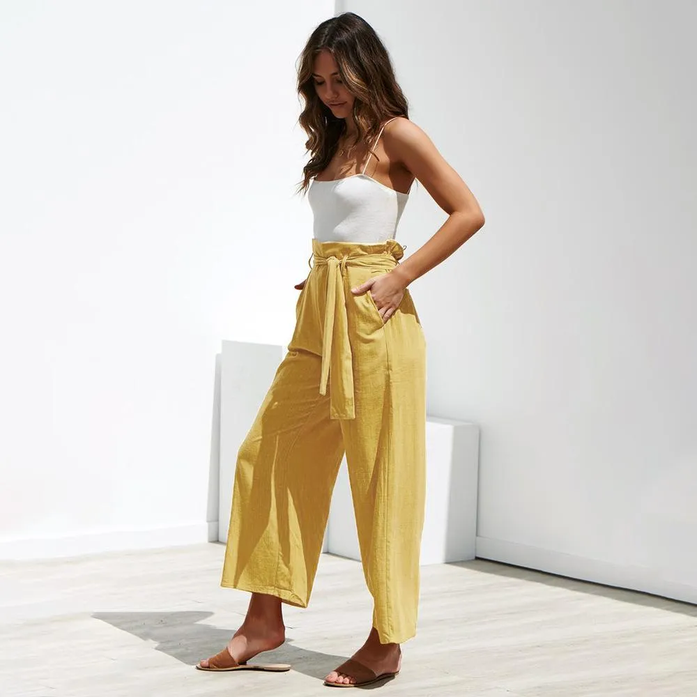 Casual Cotton Linen women high waist wide leg pants summer autumn