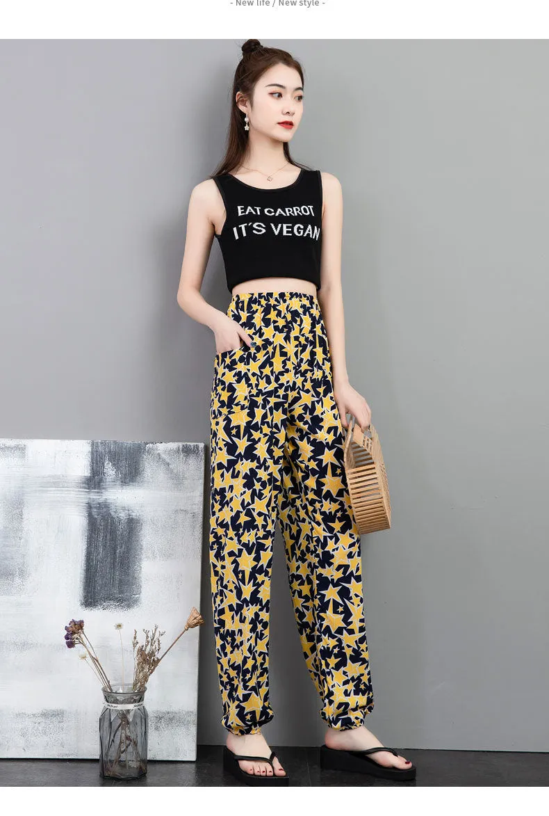 Cotton Anti Mosquito Pants Lantern High Waist Slim Look Loose Casual Harem Cultural Style Plus Size Printed Women Summer Pants