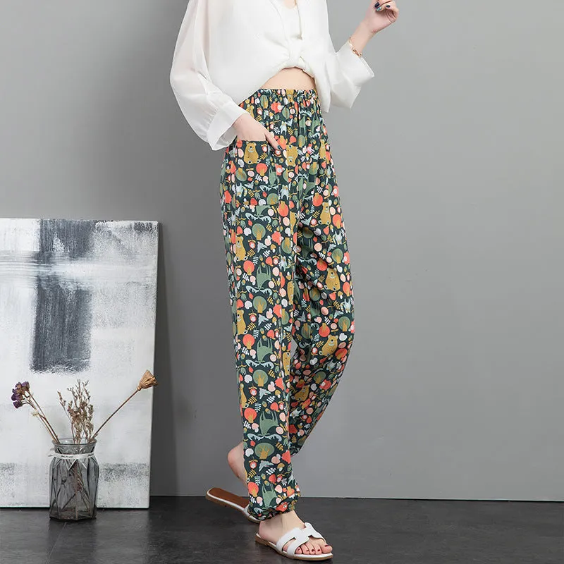 Cotton Anti Mosquito Pants Lantern High Waist Slim Look Loose Casual Harem Cultural Style Plus Size Printed Women Summer Pants