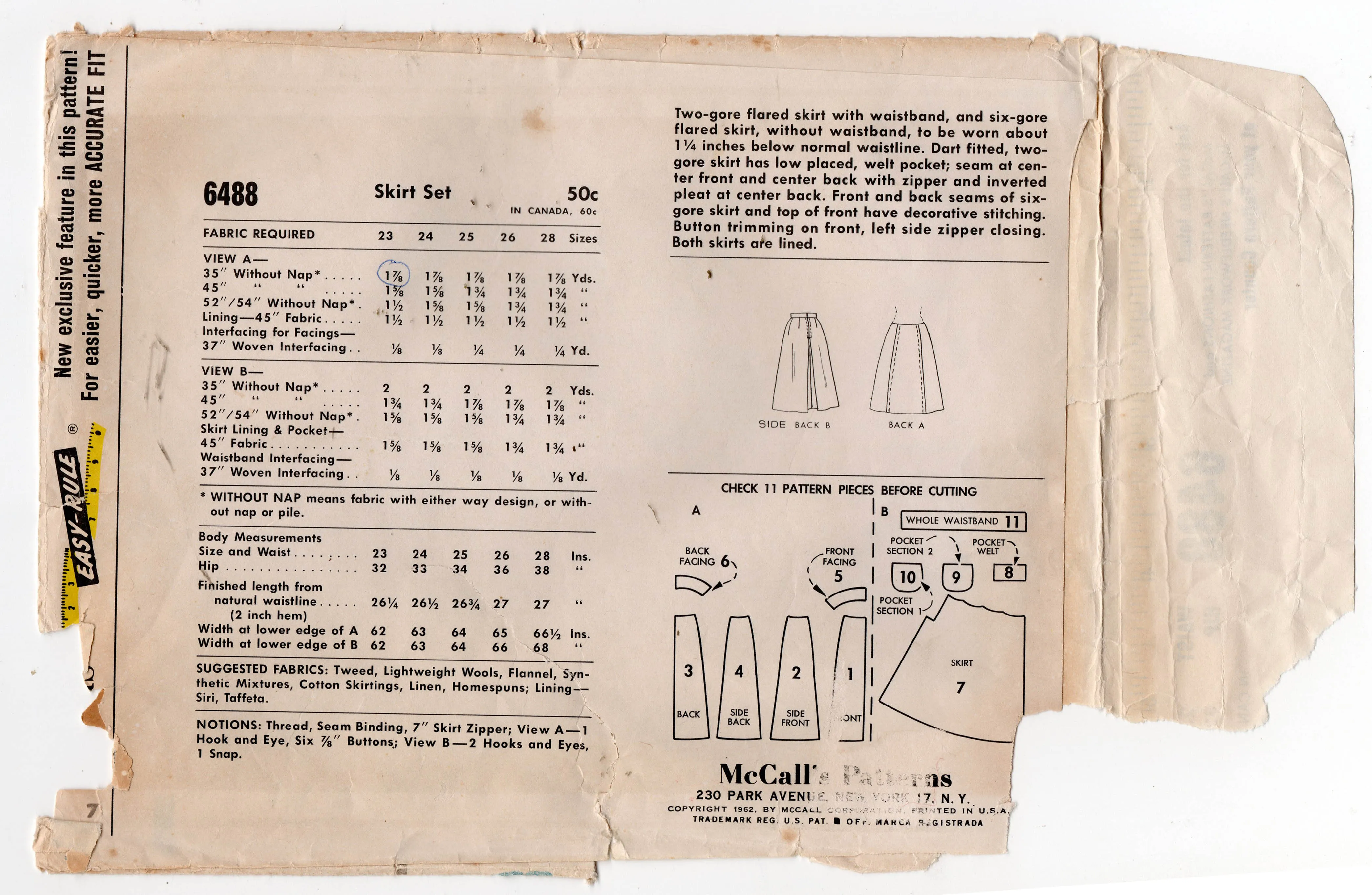 McCall's 6488 Womens or Teens RETRO Flared Skirts 1960s Vintage Sewing Pattern Waist 23 inches