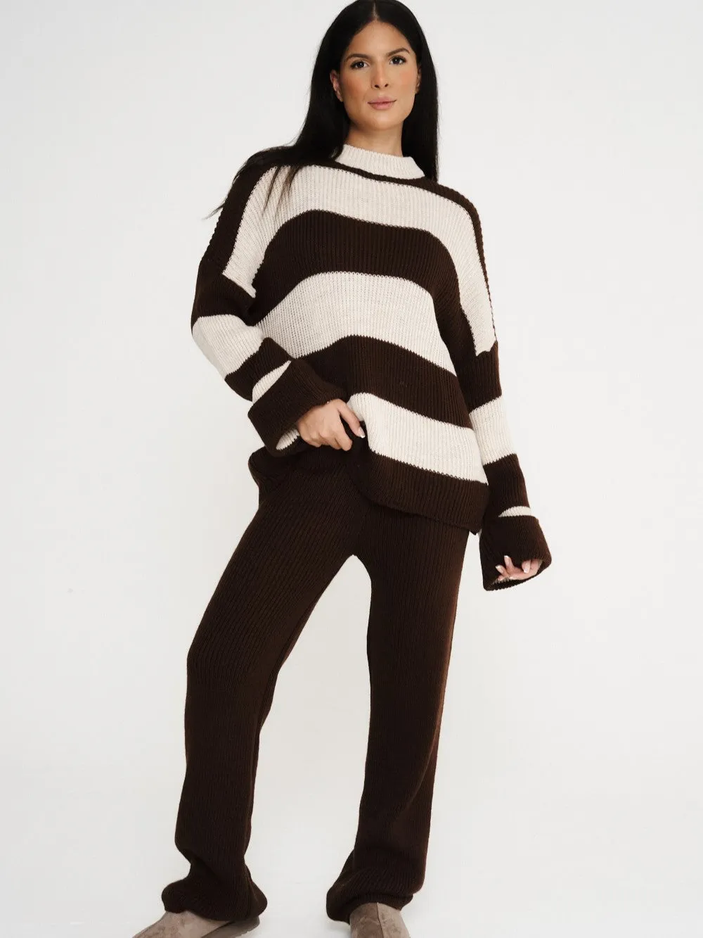 Stripe Knitted Co-Ord - Choc Brown