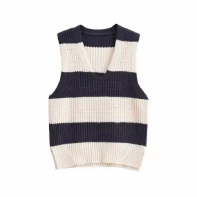 V Neck Striped Sleeveless Knit Top