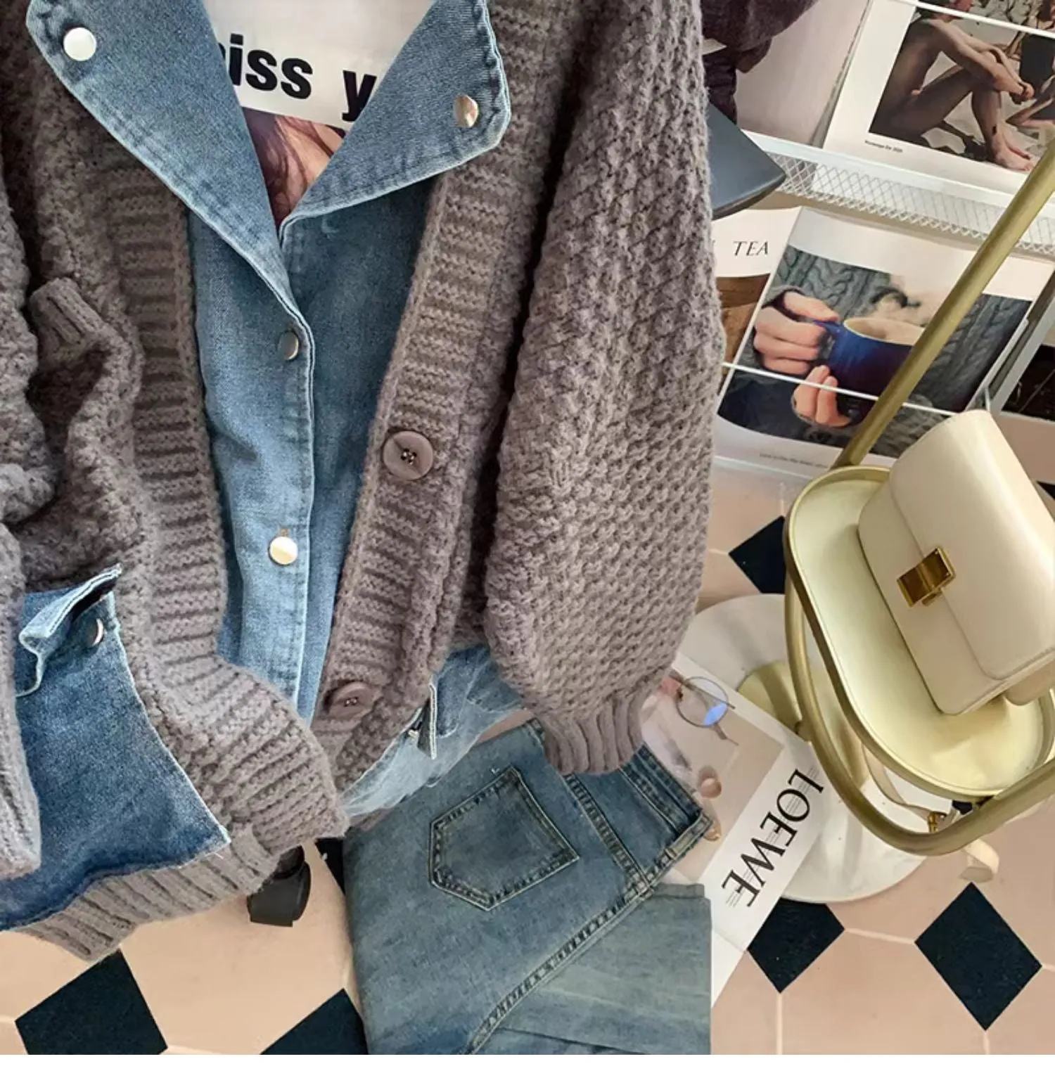 Vintage Denim Patchwork Lapeled Cardigan