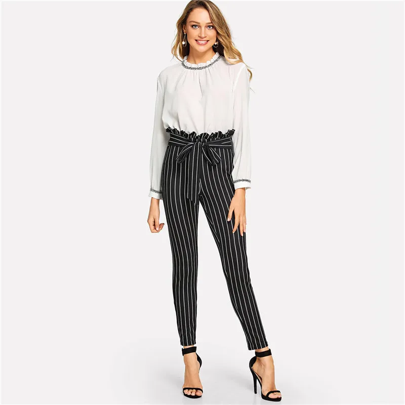 Women's High Waist Striped Pants With Belt